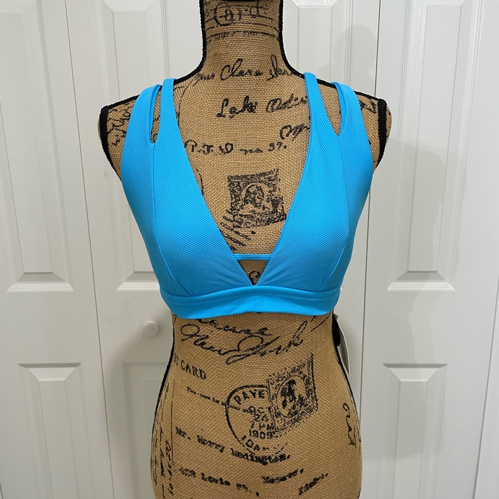 NEW BECCA Blue Banded Halter Bikini Top Sz DDD